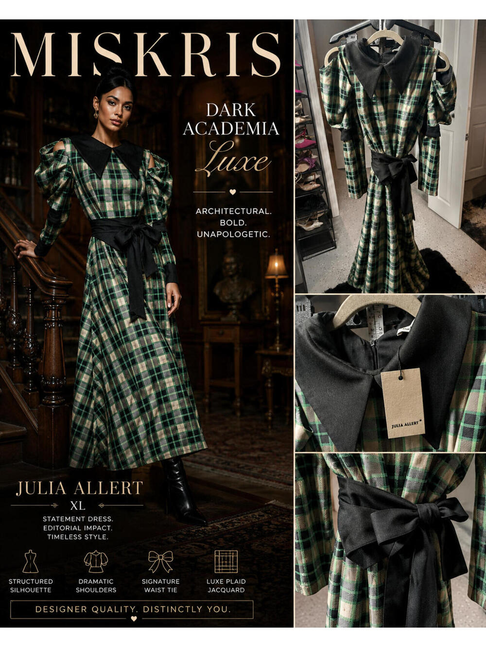 Julia Allert Green Plaid Maxi Dress XL Black Collar Puff Sleeve Belted NWT